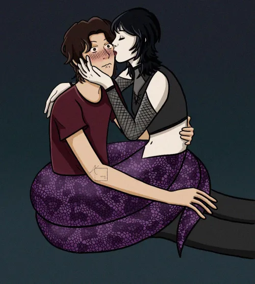 A gentle lamia giving her human a kiss