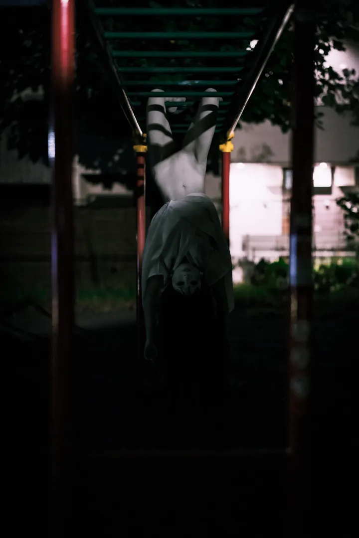 A girl on the monkey bars.