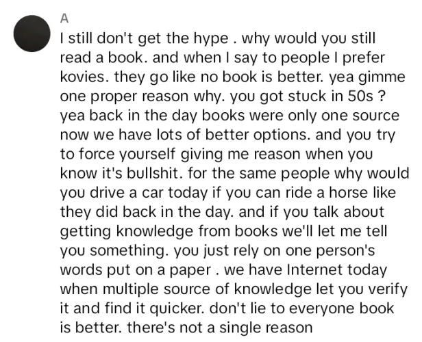 A highly eloquent and well composed critique of b**ks. Take that, r*aders!