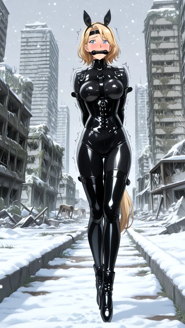 a ponygirl walking through a completely deserted post-apocalyptic city hoping to find survivors who could free her from the armbinder