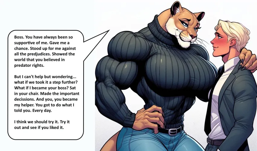 A Step Further [lioness on man, office romance, femdom powerplay, sweater babe, muscle lioness, AI generated]