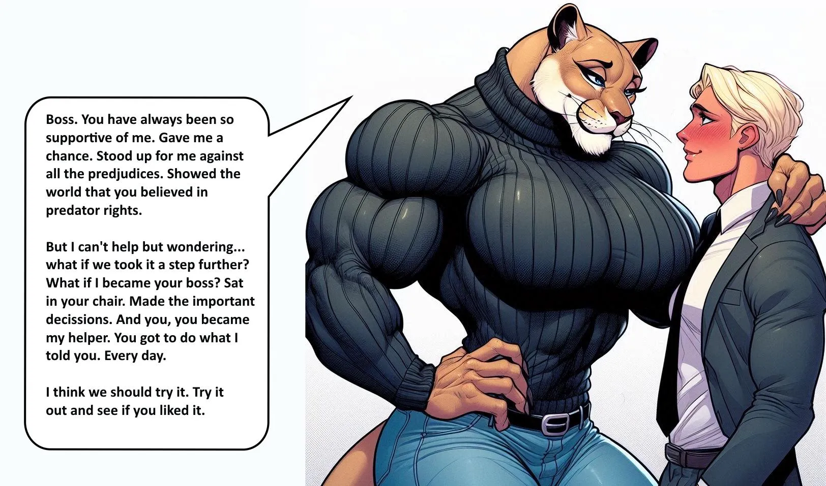 A Step Further [lioness on man, office romance, femdom powerplay, sweater babe, muscle lioness, AI generated]