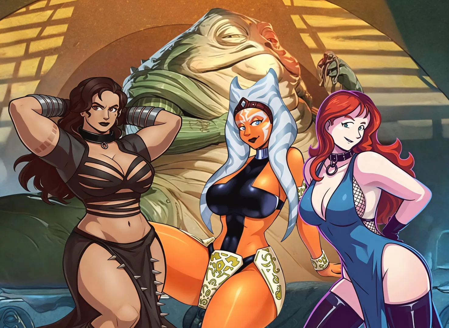 Ahsoka, Cara Dune & Mara Jade enslaved by Jabba the Hutt (Art by Blazbaros)