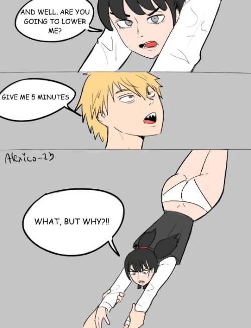 Asa Mitaka with her skirt lifted, exposing her panties to Denji.