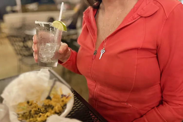 At dinner with my Tall-but-tiny hubby - hoping someone will ask me about my key so I can let them know what it's for... and why! 