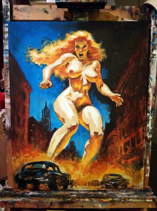 Attack of The 50 Foot Woman, acrylic painting, 16x20 gessoed hardboard