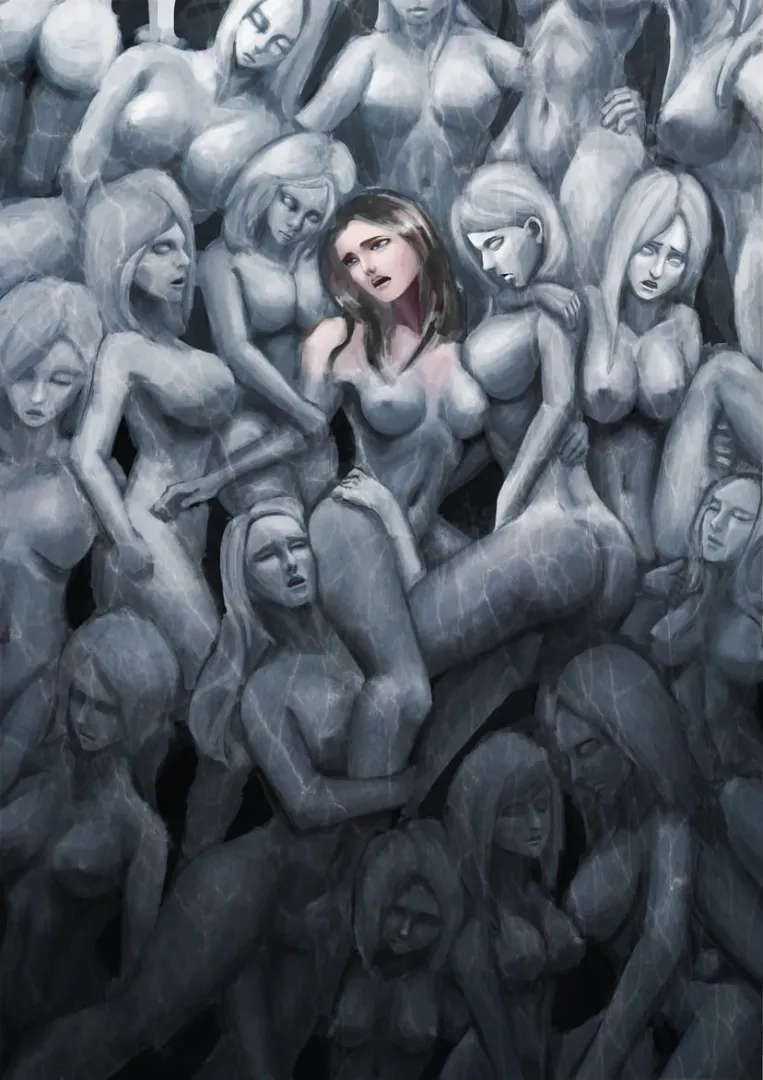 Being assimilated into the stone wall of human agony, a delicious fate. Drawing by insanerator.