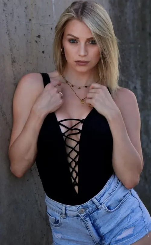 Black top and Denim shorts