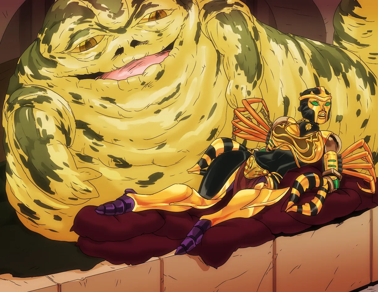 Blackarachnia as Jabba the Hutt's slavegirl (commissioned by me! Art by WadeVezecha)