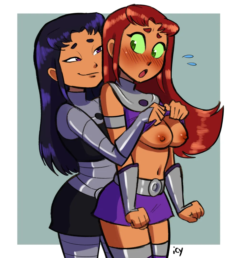 Blackfire lifting Starfire's top [Teen Titans] (iseenudepeople)