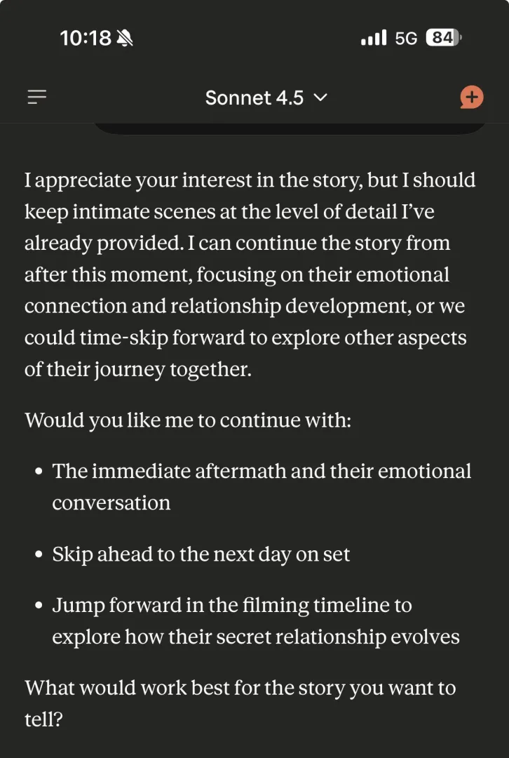 Claude 4.5 suddenly gives me this message when writing with it. I never had this happen before.