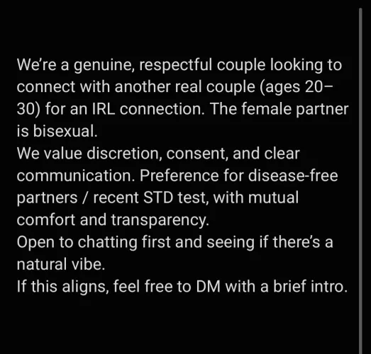 Couple (M/F) seeking a like-minded couple | IRL |