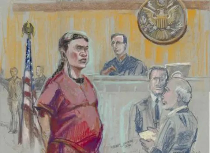 Courtroom sketch of Alejandrina Giselle Guzman Salazar by Krentz Johnson. Daughter of El Chapo by his legal wife Maria Alejandrina Salazar Hernandez. Full sister of Ivan and Alfredo 