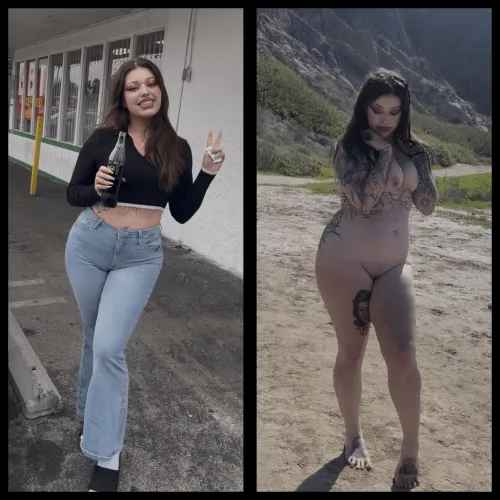 Curvy tattooed Nude at the beach on / off