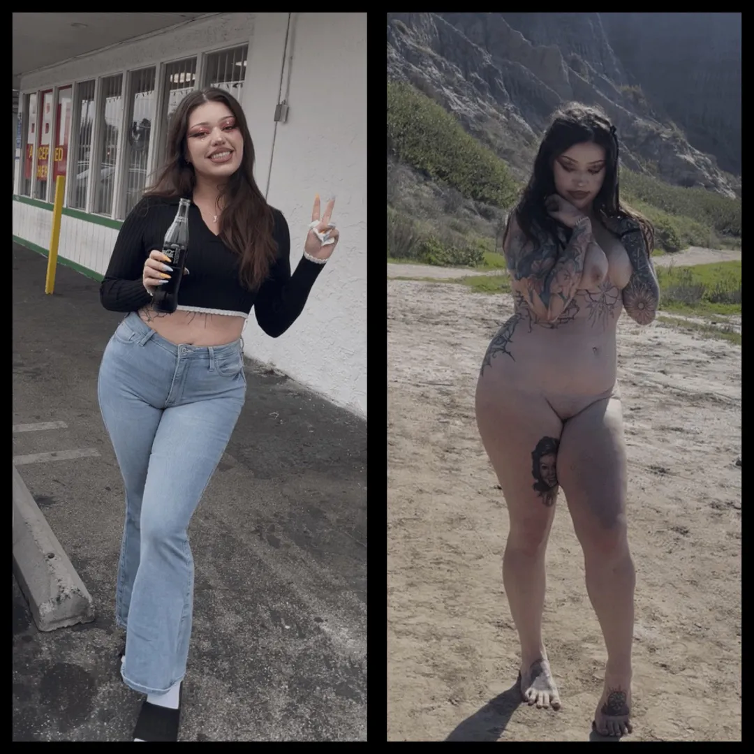 Curvy tattooed Nude at the beach on / off