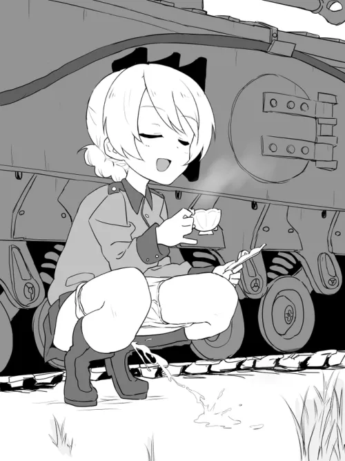 Darjeeling squatting peeing let to her tank while having a nice tea