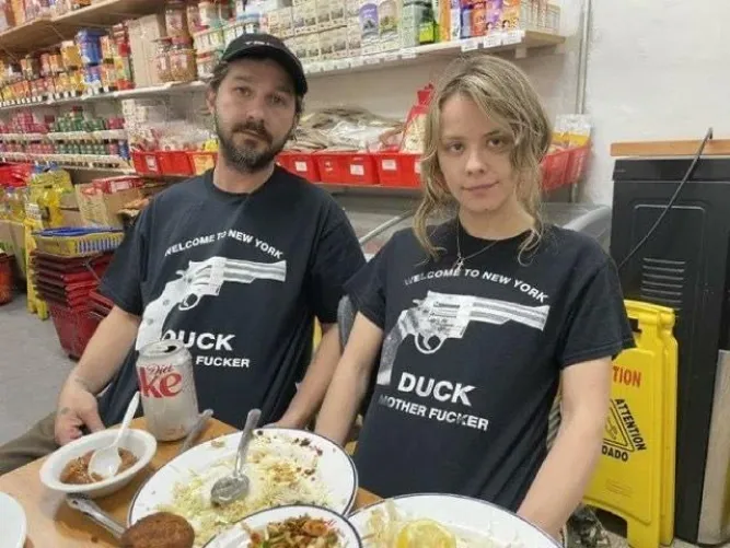 Dasha Nekrosova aka Lady Joker and Shia LaBeouf aka Lady Puncher looking like they stank