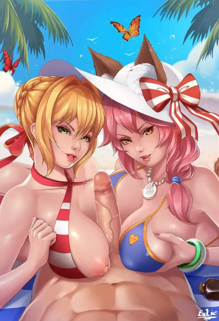 Double paizuri at the beach.