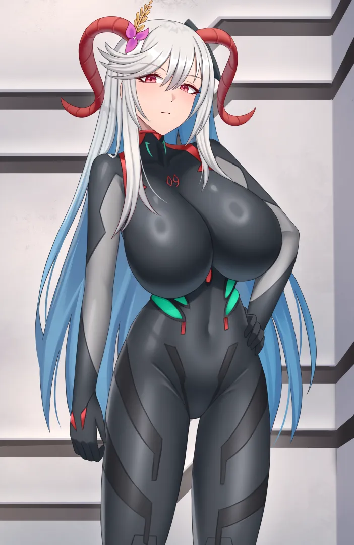 Freyja from Fire Emgblem dressed in Rei Ayanami's BLACK plugsuit (commission by @ghnauval117)