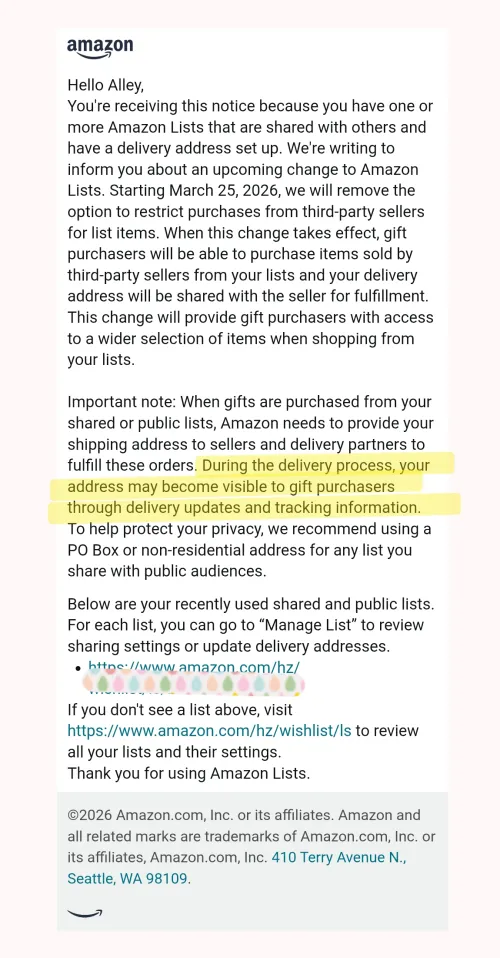 Got this email today... Please please please do not use Amazon Wish lists!