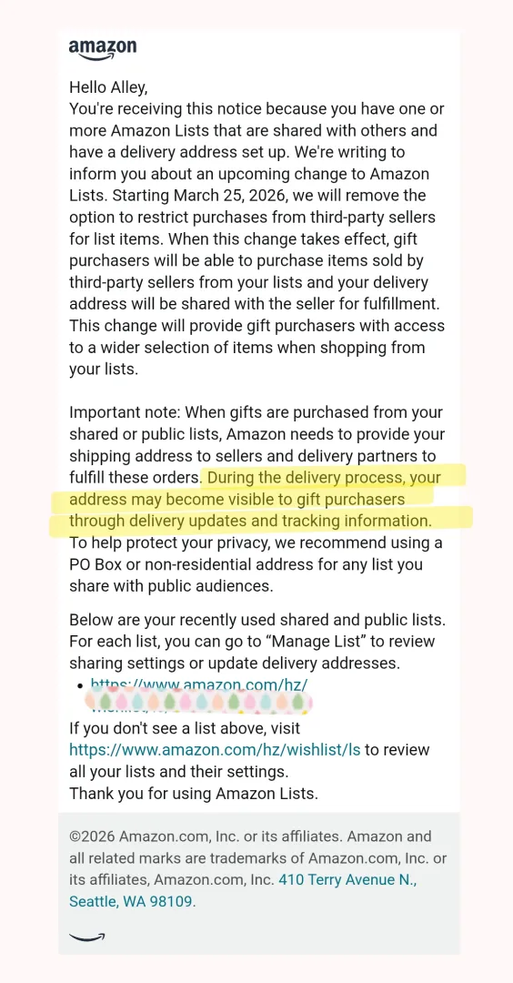 Got this email today... Please please please do not use Amazon Wish lists!