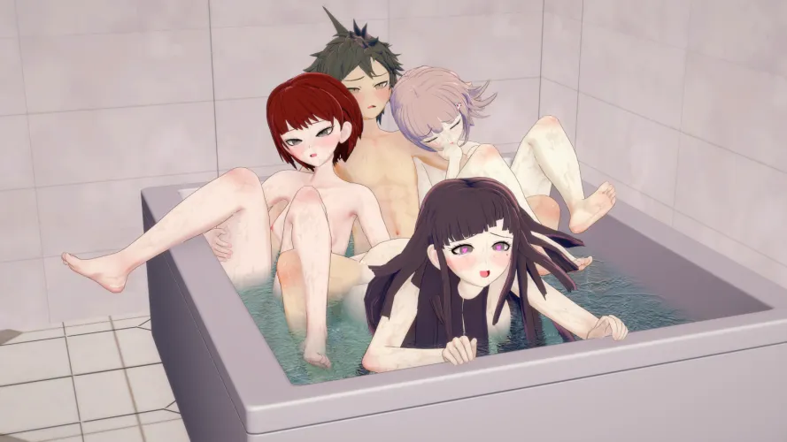Hajime in the bath with 3 girls