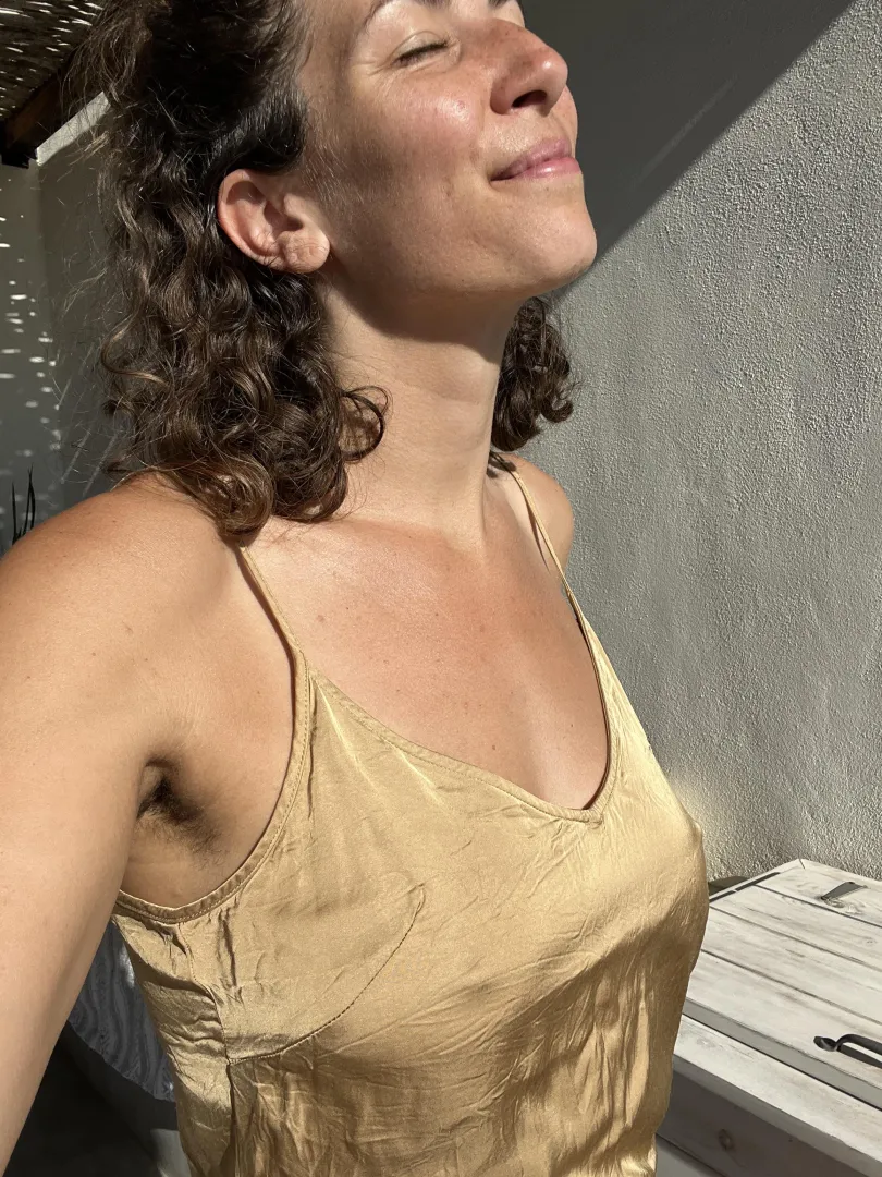 Happy because I’m not wearing a bra