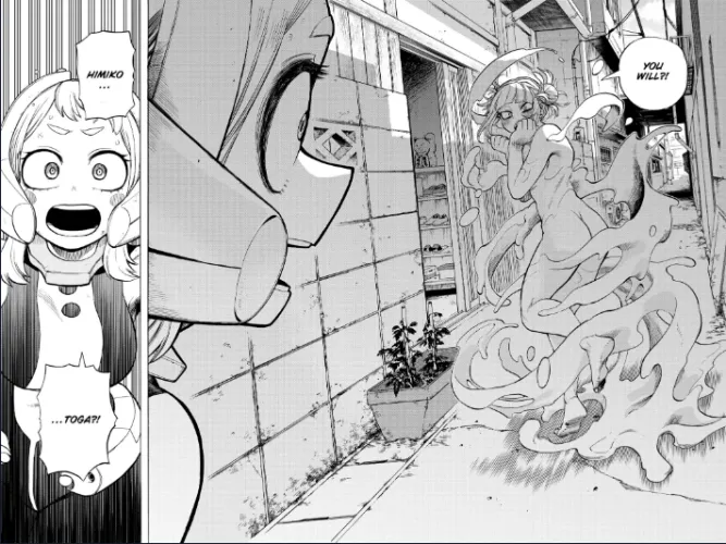 Himiko Toga in the middle of the street with her huge butt naked in view of Ochako while Ochako looks at her surprised real panel from the manga chapter number 288 of My Hero Academia