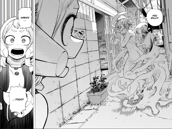 Himiko Toga in the middle of the street with her huge butt naked in view of Ochako while Ochako looks at her surprised real panel from the manga chapter number 288 of My Hero Academia