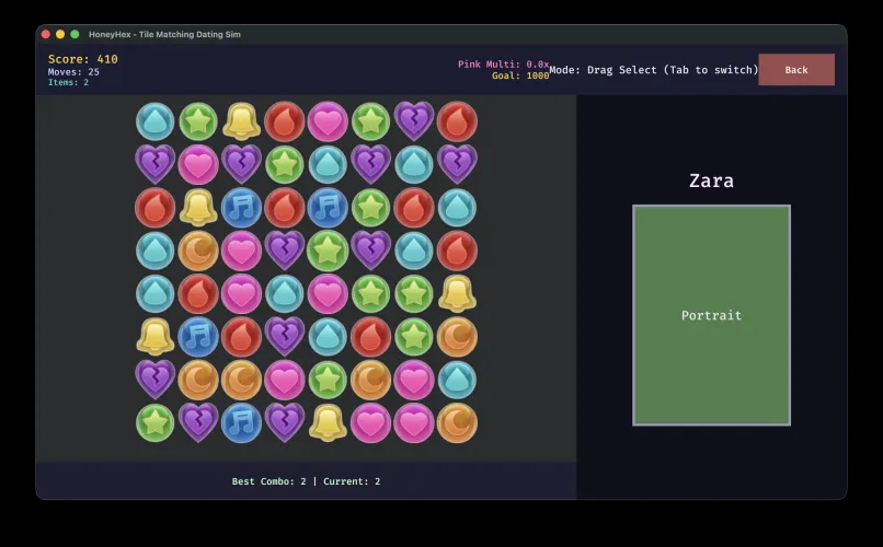 HoneyHex progress: matching game animations, dialogue tree