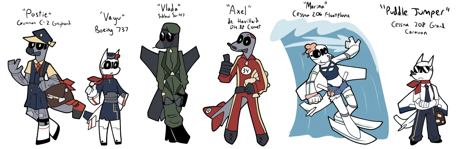 I designed aeromorphs based off different uses for planes [M/F/F/M/F/F] [OC]