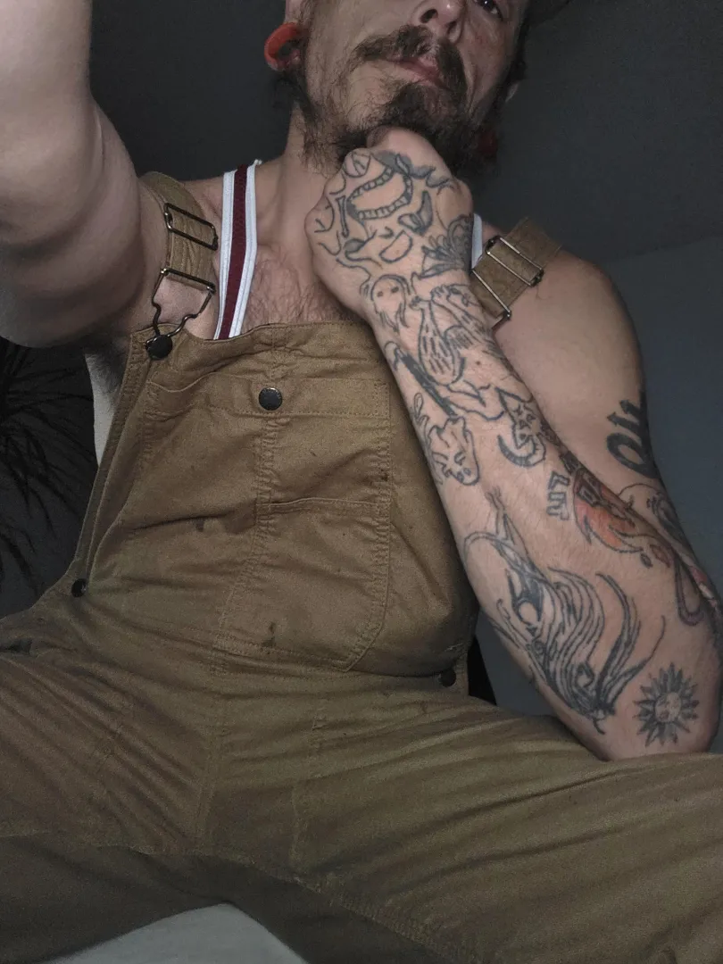 Just a tired amateur gay content creator with nothing but my newest assless singlet on under the coveralls