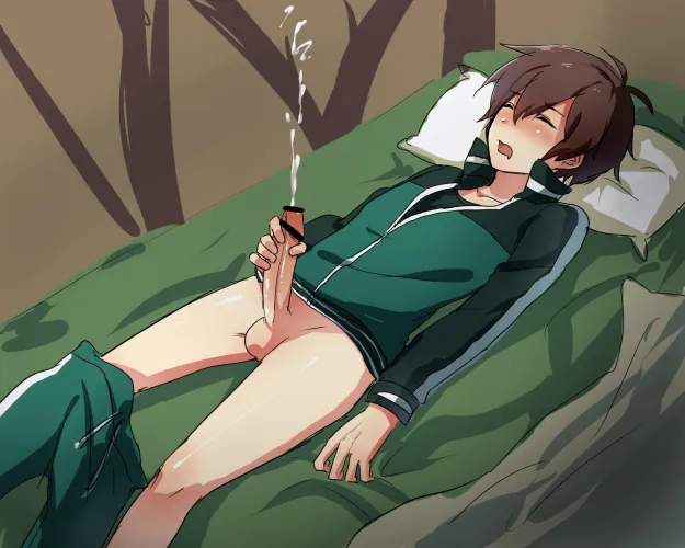 Kazuma is jerking off in the bedroom.