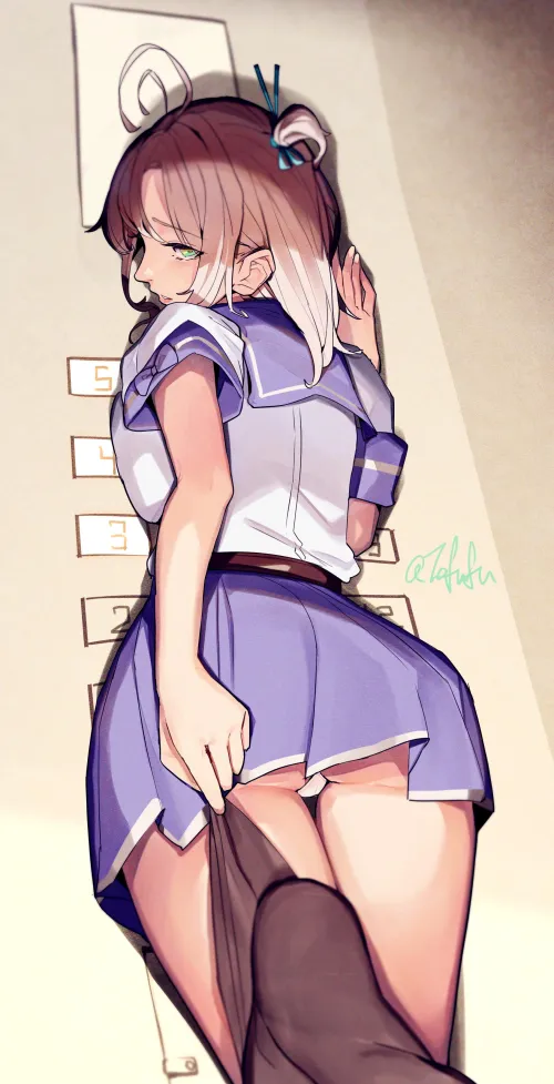 Kinugasa adjusting her stockings