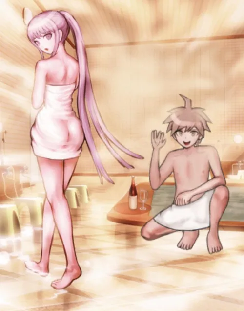 Kyoko and Makoto bathing together in the bathhouse
