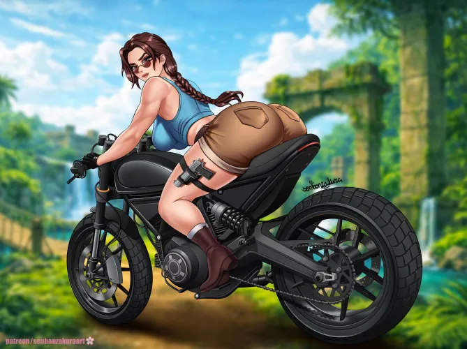Lara Croft on the bike is ready for adventures (SenbonzakuraArt)