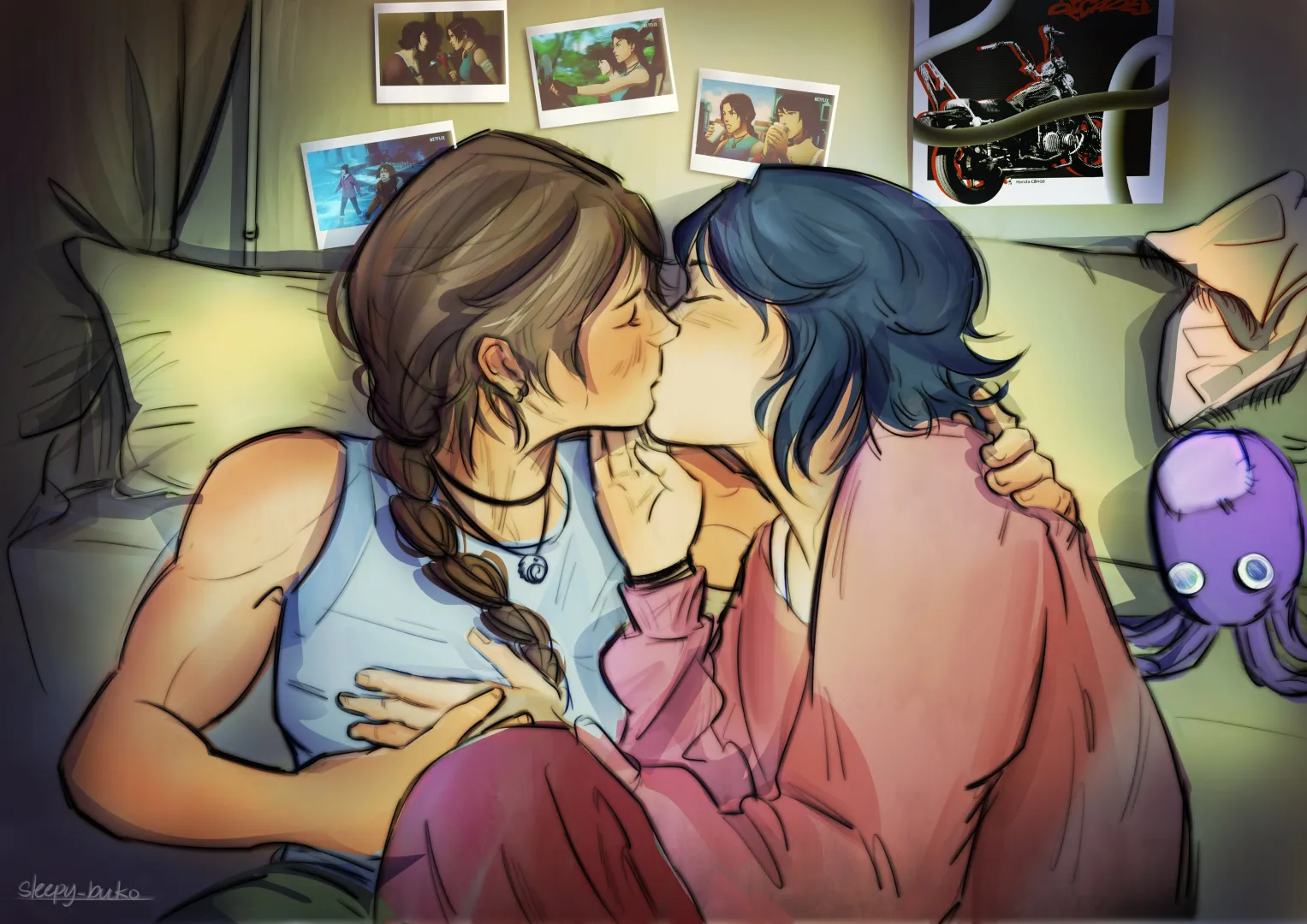 Lara & Sam kissing in bed (@sleepy_buko) [Tomb Raider]