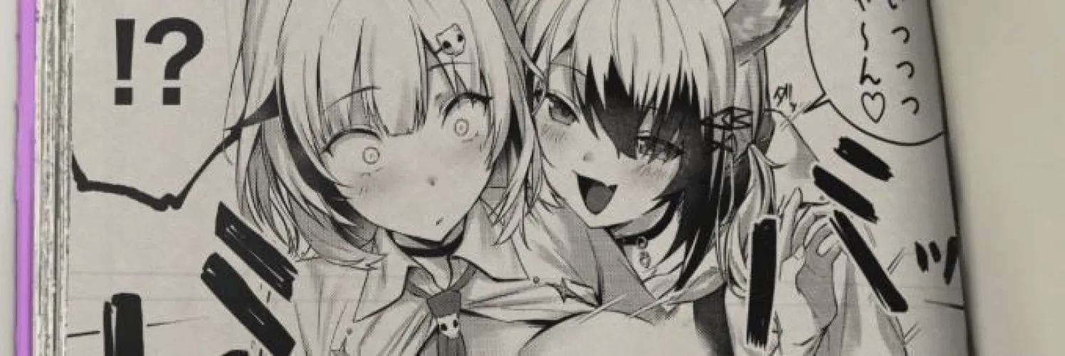 LF Mono Source: 2girls, animal ears, breasts out, choker, foreign text, hair between eyes, large breasts, looking down, necktie, open shirt, sfx, short hair, skin fang, skull hair ornament, spoken interrobang, surprised, two-tone hair, wide eyed