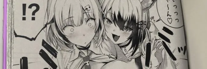LF Mono Source: 2girls, animal ears, breasts out, choker, foreign text, hair between eyes, large breasts, looking down, necktie, open shirt, sfx, short hair, skin fang, skull hair ornament, spoken interrobang, surprised, two-tone hair, wide eyed