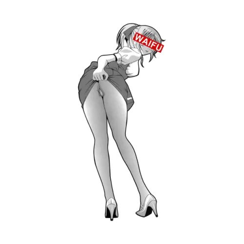LF Mono Source: waifu, 1girl, censored eyes, ponytail, blushing, tongue out, blouse, skirt, high heels, ribbon, skirt lift