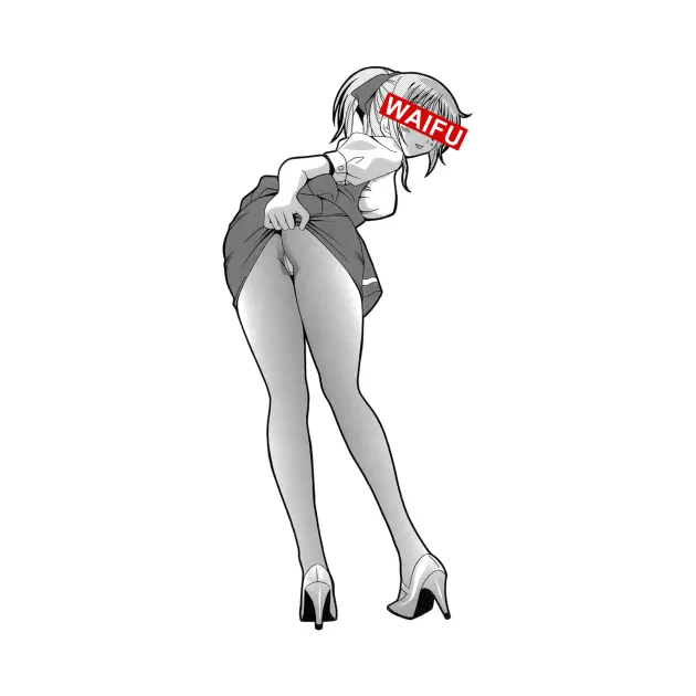 LF Mono Source: waifu, 1girl, censored eyes, ponytail, blushing, tongue out, blouse, skirt, high heels, ribbon, skirt lift