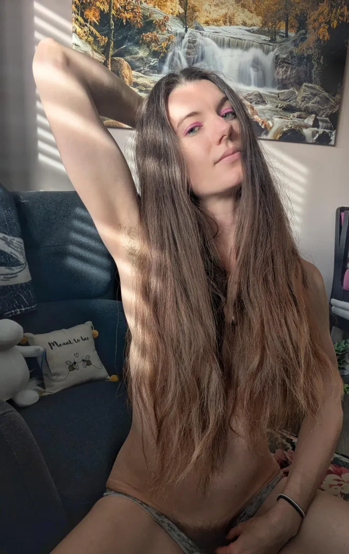 Long thick dark hair covers many places x