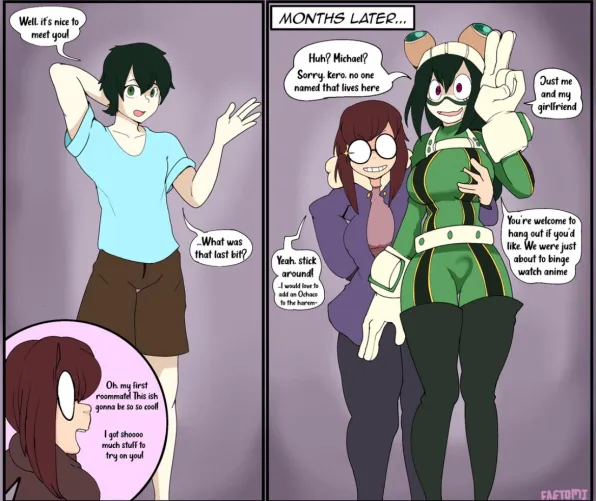 (M4A, comedic) After falling on hard times I ended up reaching out to you, someone I somewhat knew years ago as a bit of a weirdo. You allowed me to stay with you… on the condition I became your full-time waifu! (Refs welcome!)