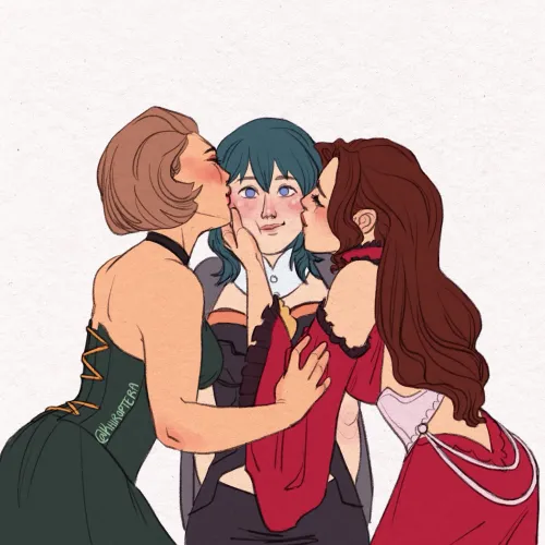 Manuela & Dorothea smooching Byleth (@khiroptera) [Fire Emblem]