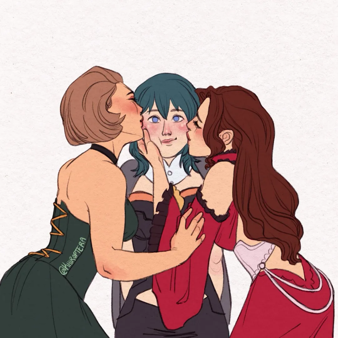 Manuela & Dorothea smooching Byleth (@khiroptera) [Fire Emblem]