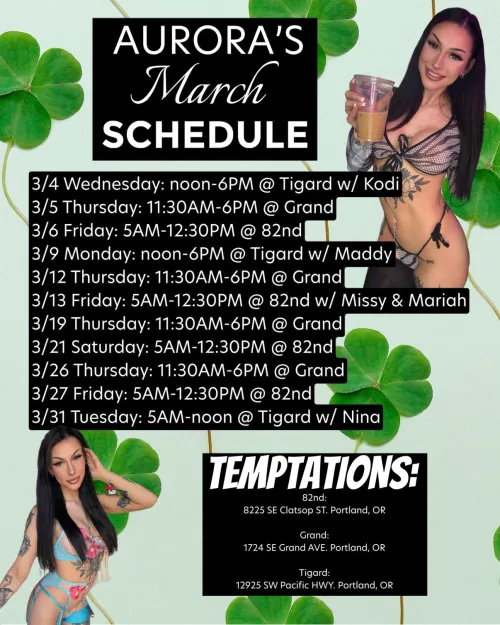 March is gonna be SO much fun  3 double troubles, a 3 girl shift w/ Missy & Mariah, and 3 shifts at the new Temptations Tigard stand! ✨333✨ the sign of growth ☺️
