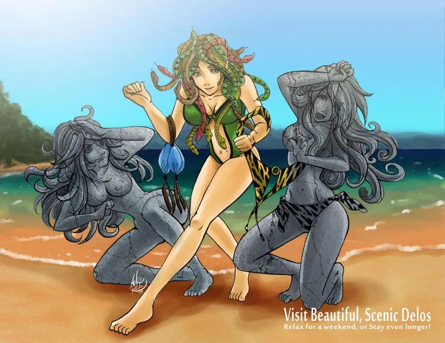 Medusa enjoying her time on the beach with two stone beauties by neko-rulz on deviantart.