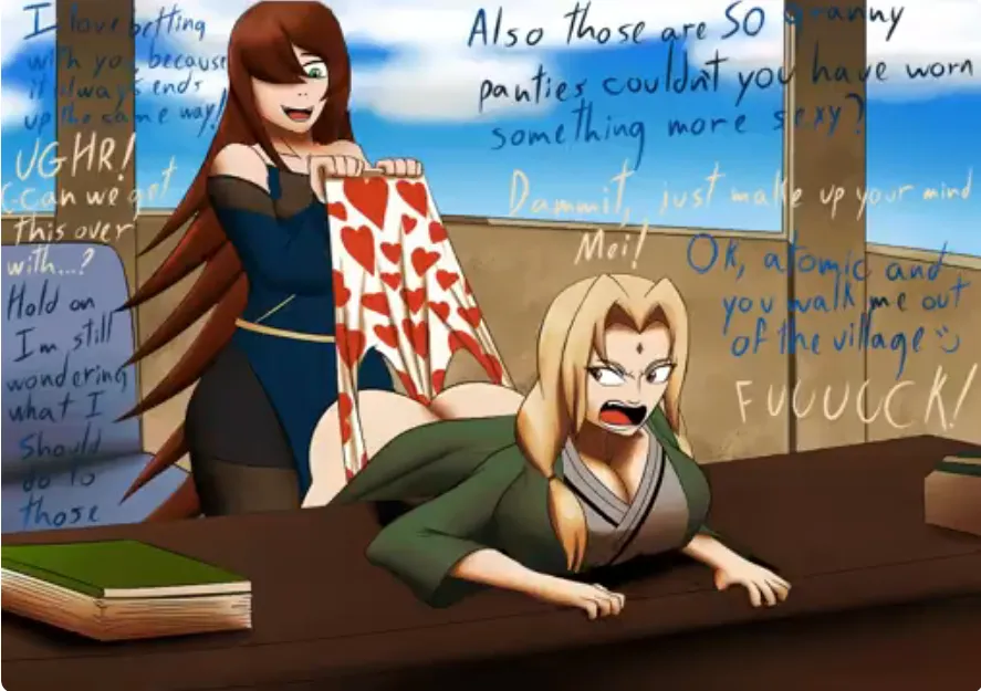 Mei Terumi giving Tsunade a wedgie to humiliate her because she lost a bet (@thekillerwc1)