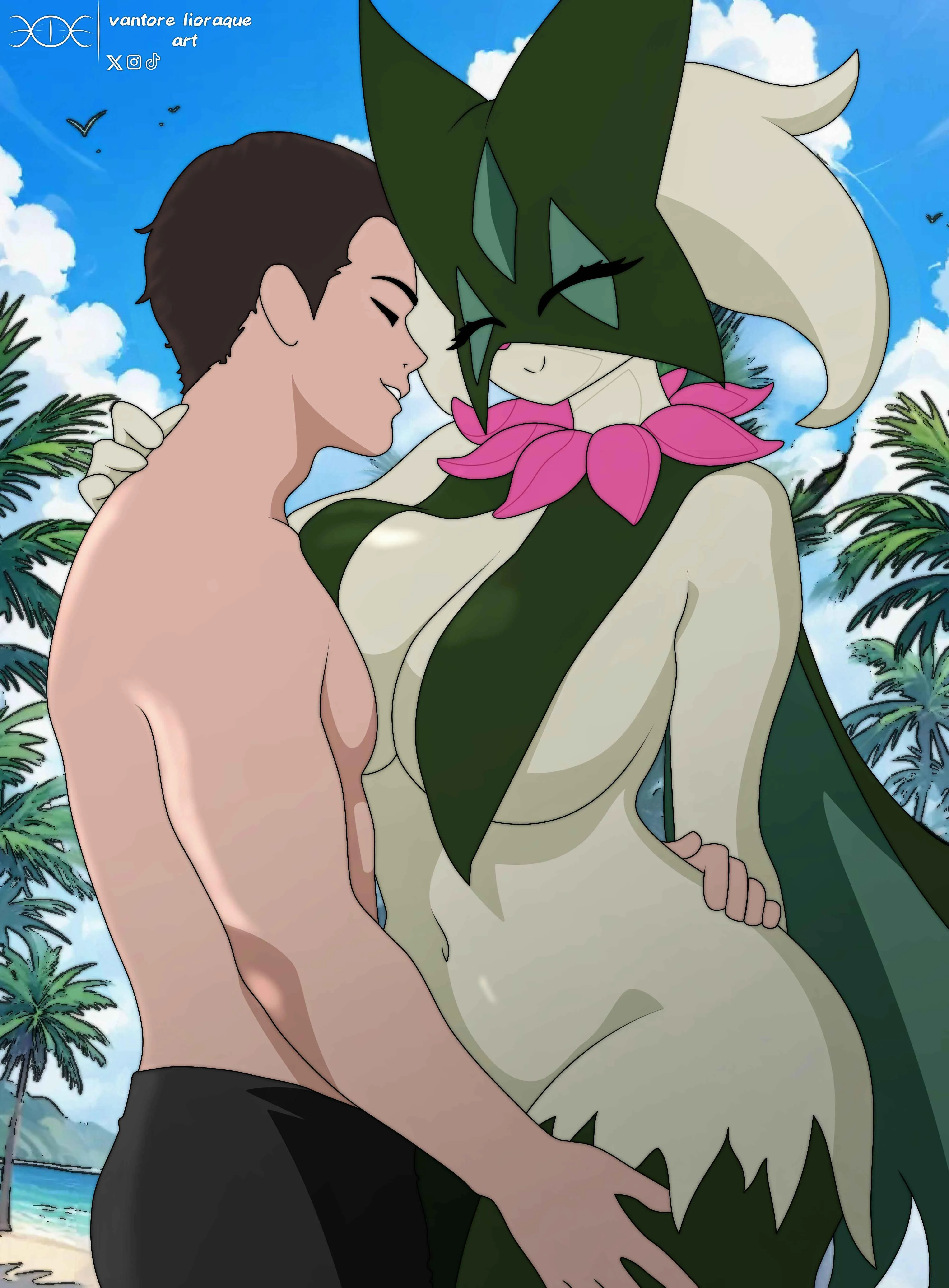 Meowscarada y el humano en la playa