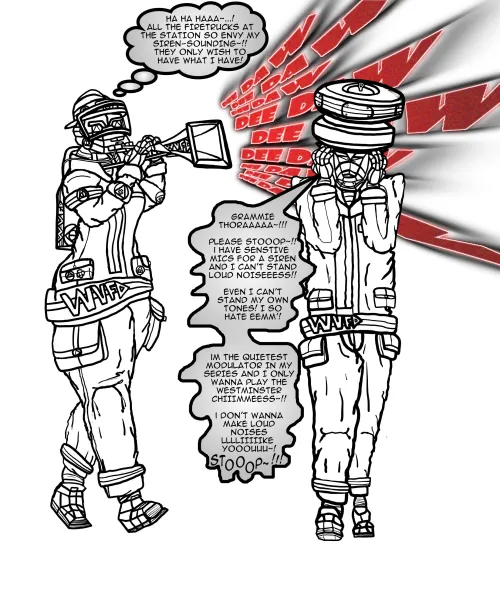 [MF] Some side-art of my anthro Federal Signal Thunderbolt siren gal. Now named Thora. She also has a grandson now, a Federal Signal Modulator MOD 1004 named Modesto.